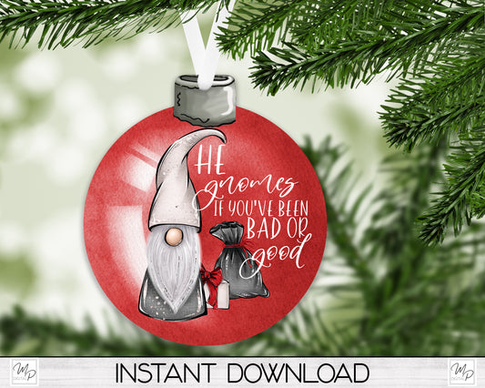 He Gnomes Christmas Ornament PNG for Sublimation, Bobber Tree Ornament Design, Digital Download