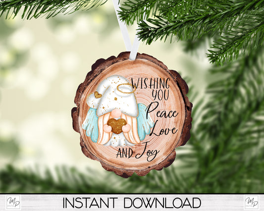 Christmas Gnome Angel Ornament PNG for Sublimation, Wood Slice Tree Ornament Design, Digital Download