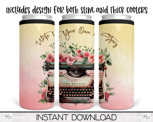 Floral Typewriter Can Cooler Sublimation Download, Design for Slim & Thick Duozie and Other Metal Coolers