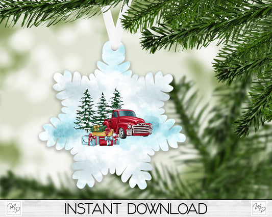 Snowflake Christmas Ornament PNG for Sublimation, Red Farmhouse Truck Ornament Design, Digital Download