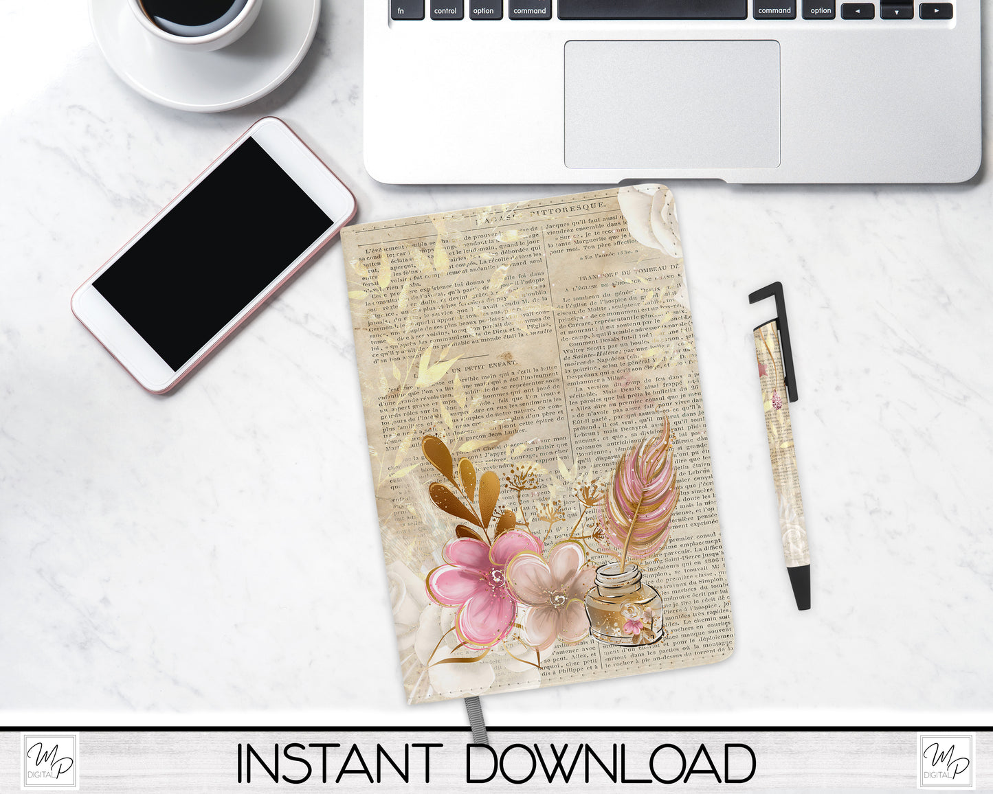 Floral Journal and Pen Set PNG Sublimation Design, Digital Download