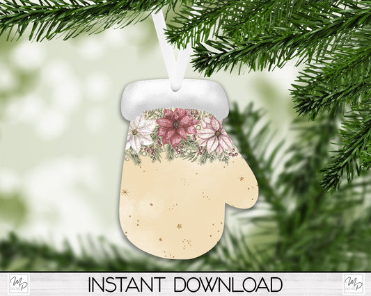 Poinsettia Mitten Christmas Tree Ornament PNG for Sublimation, Digital Download