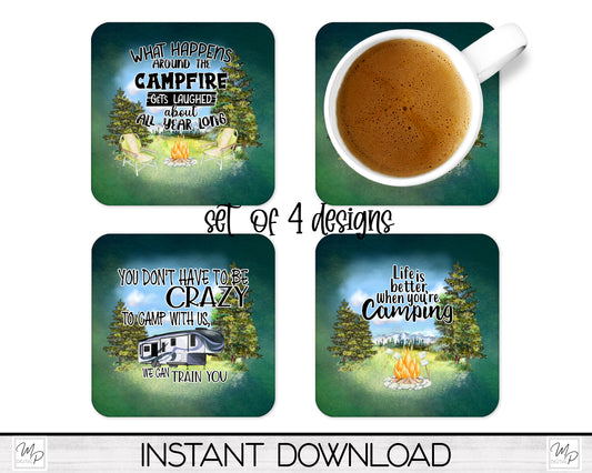 Set of 4 Camping Coaster Sublimation PNG Designs, Square Coffee Coasters, Car Coaster Sublimation Digital Download