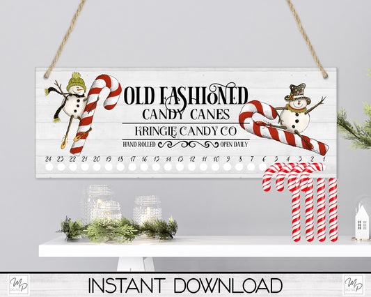 Christmas Snowman Candy Cane Countdown Sign PNG Sublimation Digital Download, Candy Cane Holder Advent Calendar
