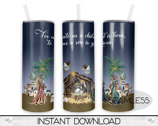 Christian Christmas Nativity 20oz Skinny Tumbler PNG Sublimation Design, Seamless Tumbler Digital Download