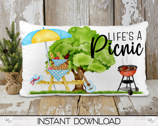 Life's A Picnic Lumbar Pillow Cover PNG Sublimation Design, Digital Download