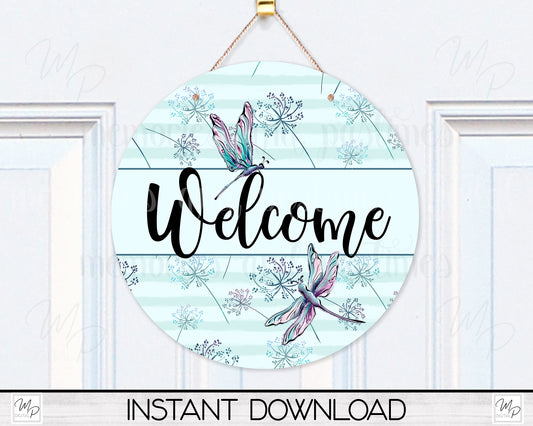 Welcome Round Door Sign PNG Design for Sublimation, Dragonflies