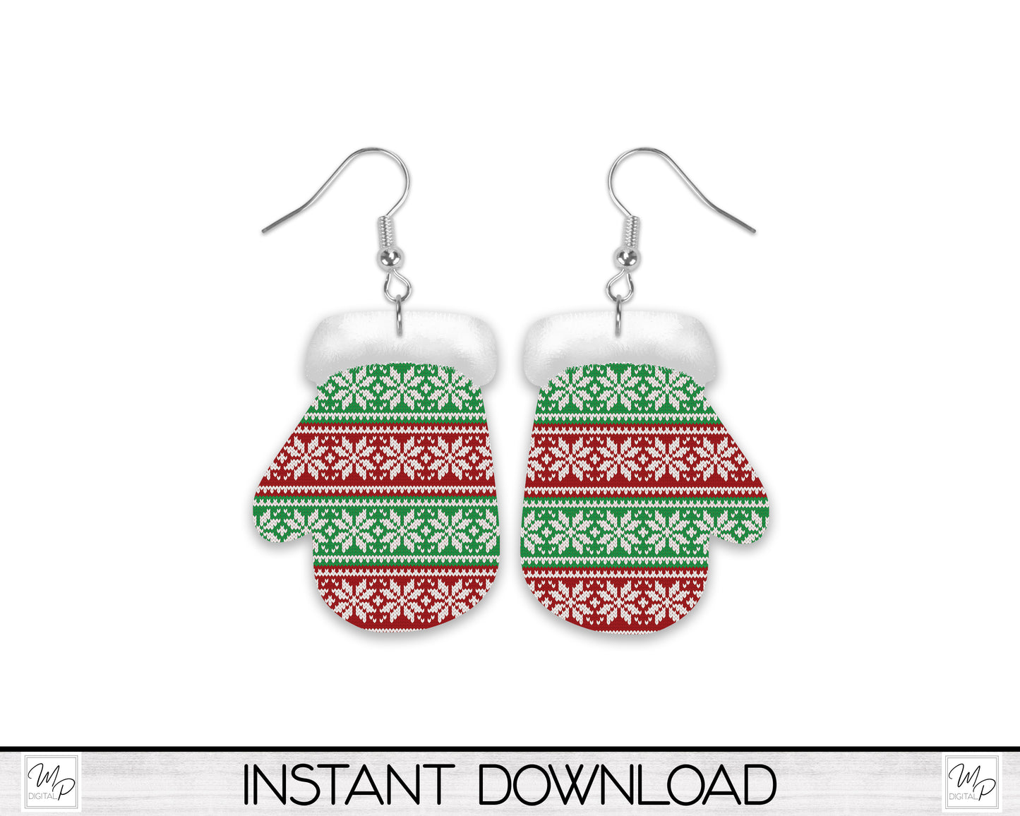 Christmas Mitten Earring PNG Design for Sublimation, Digital Download