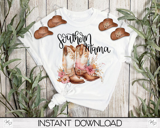 Southern Mama PNG Sublimation Design Bundle for T-Shirts, Pillows, Mugs / Cowboy Hat Earring Digital Download