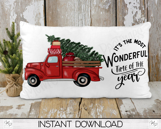 Christmas Red Farmhouse Truck Lumbar Pillow Cover PNG Sublimation Design, Digital Download
