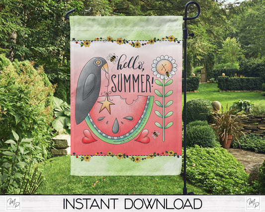 Hello Summer Watermelon Garden Flag for Sublimation Design, Yard / Patio Flag, Digital Download