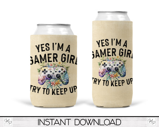 Gamer Girl Neoprene Can Cooler PNG Sublimation Design, Digital Download