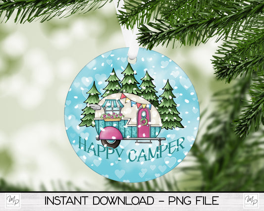 Christmas Camping Ornament PNG for Sublimation, Round Tree Ornament Design, Digital Download