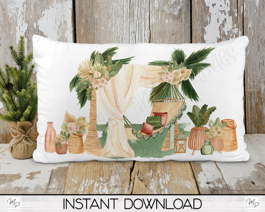 Boho Tropical Summer Lumbar Pillow Cover PNG Sublimation Design, Digital Download
