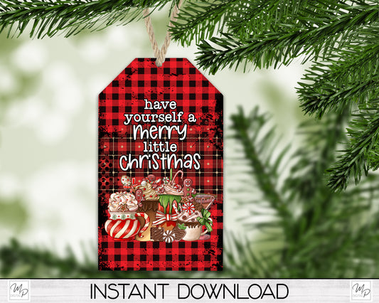 Christmas Tag Ornament PNG Design, Coffee, Buffalo Plaid, Sublimation Design Download