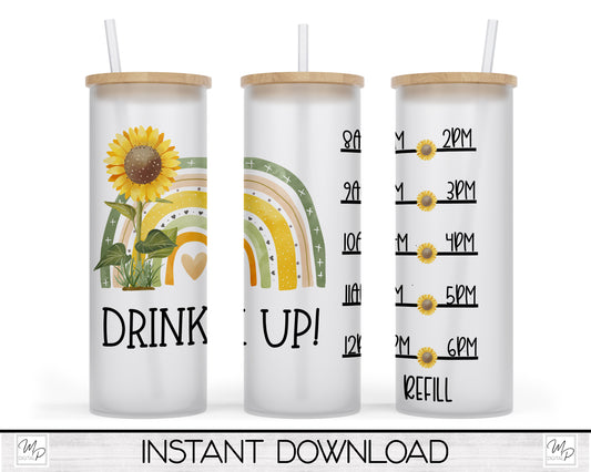 20oz / 25oz Glass Tumbler Water Tracker, Sunflower Rainbow Wrap for Sublimation and Waterslides, PNG Digital Download, Drink Up