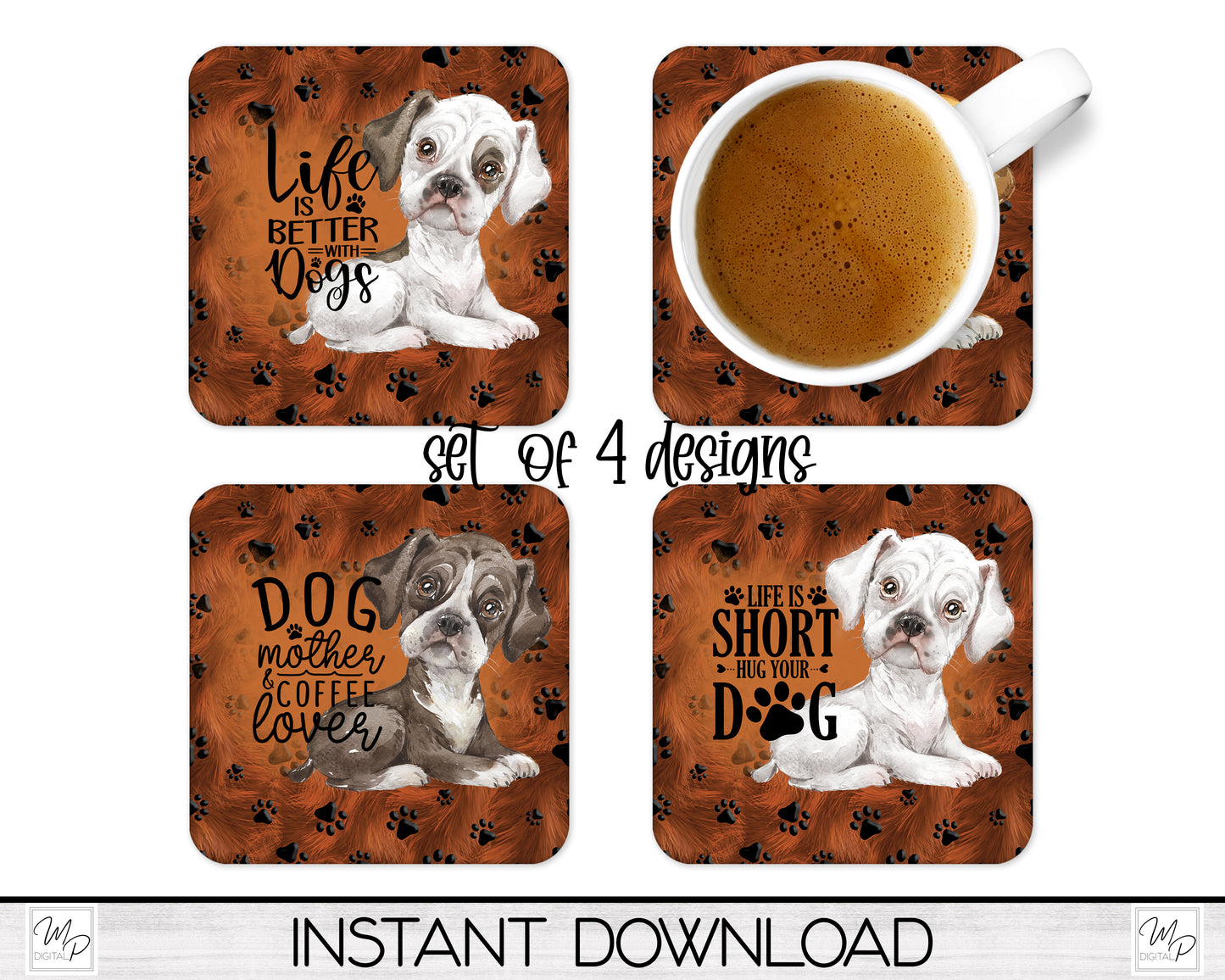 Set of 4 Boxer Coaster Sublimation PNG Designs, Square Coffee Coasters, Car Coaster Sublimation Digital Download