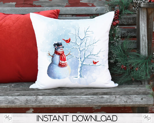 Winter Snowman Pillow Cover PNG Sublimation Design, Digital Download, Square Pillow Case PNG Design