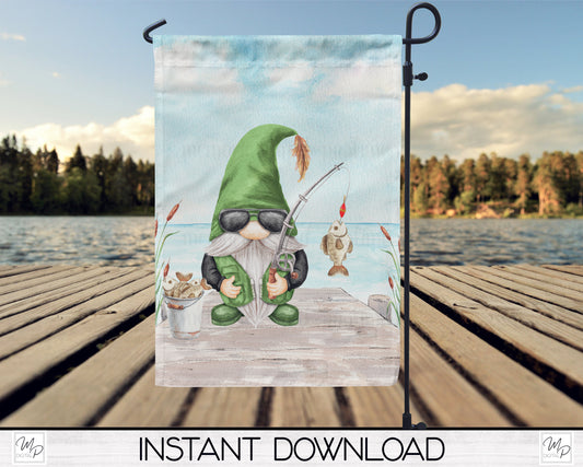 Fishing Gnome Garden Flag PNG for Sublimation Design, Digital Download, Lake Fisherman