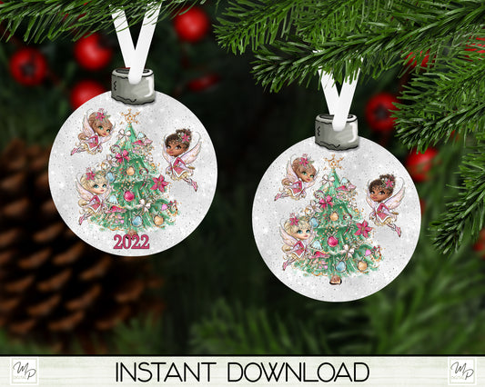 Christmas Fairies Ornament PNG for Sublimation, Bobber Tree Ornament Design, Digital Download