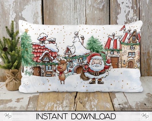 Christmas Santa Village Lumbar Pillow Cover PNG Sublimation Design, Digital Download
