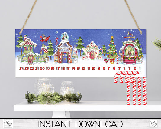 Christmas Snow Village Candy Cane Countdown Sign PNG Sublimation Digital Download, Candy Cane Holder Advent Calendar