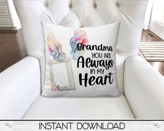 Angel Wings Grandmother Memorial Pillow Cover PNG Sublimation Design, Alternate Names Included, Digital Download, Square Pillow Case PNG Design