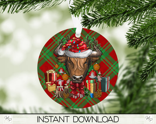 Cow Christmas Circle Ornament / Door Hanger PNG for Sublimation, Round Tree Ornament Design, Digital Download