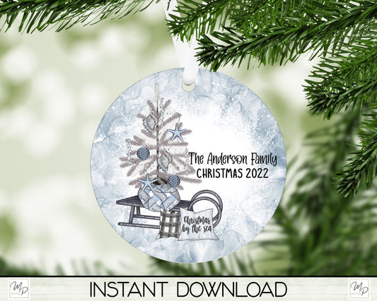 Christmas By The Sea Ornament PNG for Sublimation, Nautical Round Tree Ornament Design, Digital Download