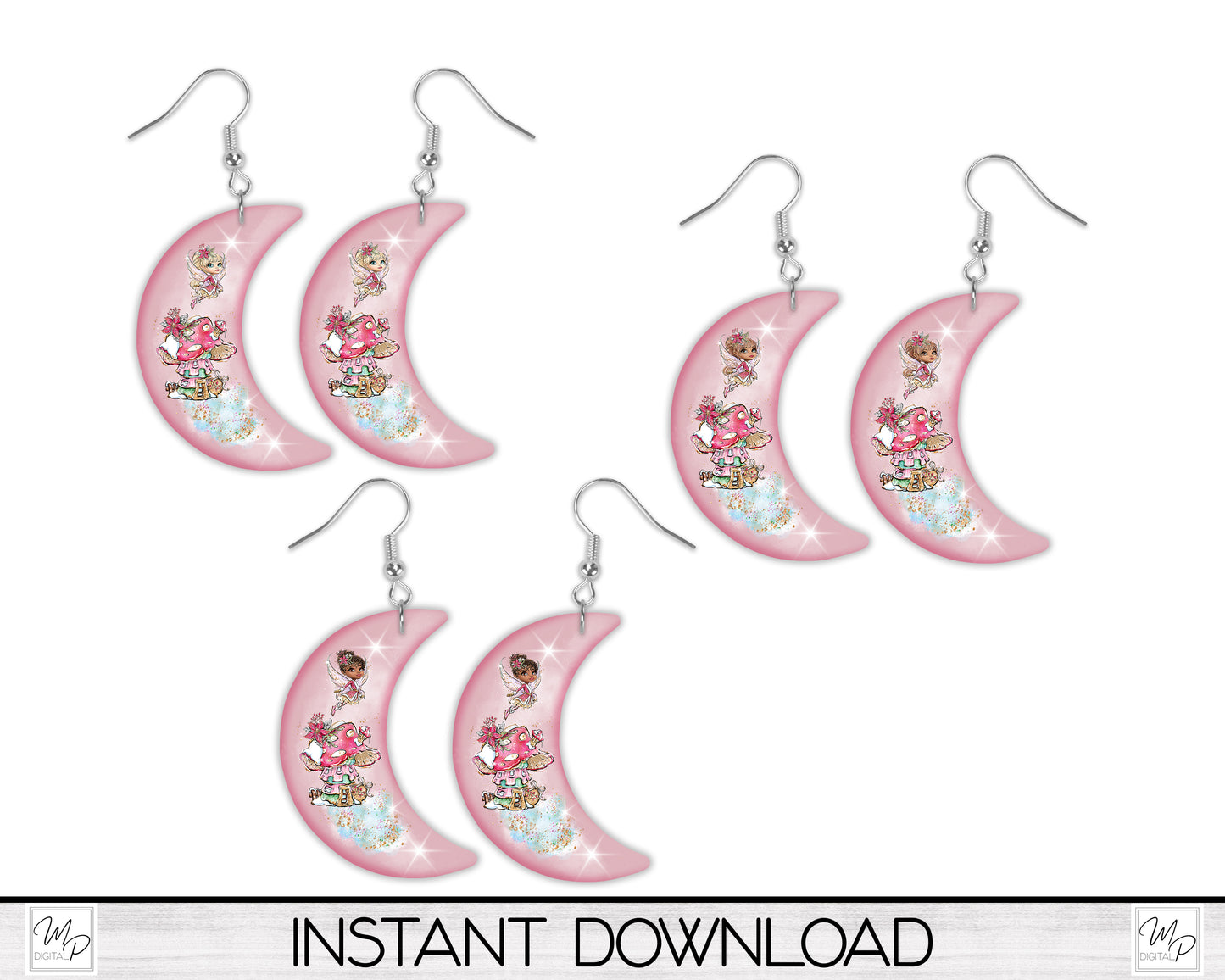 Crescent Moon Earring PNG Bundle, Designs for Sublimation, Mushroom Fairies, Digital Download