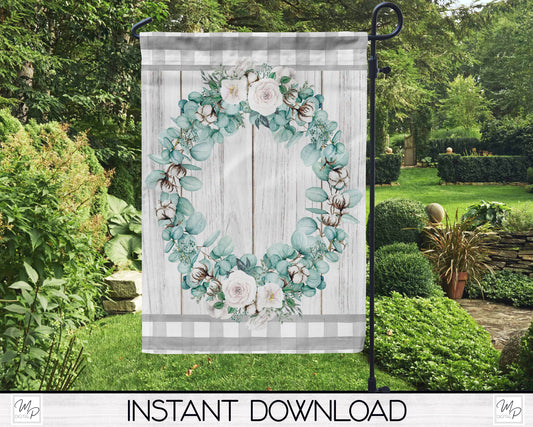 Farmhouse Wreath Garden Flag PNG for Sublimation Design, Digital Download, Spring Floral