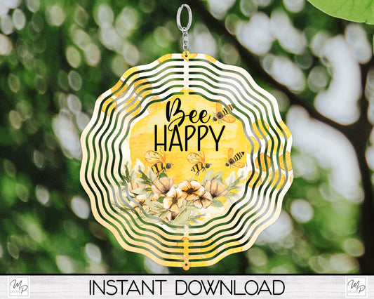 Bee Happy Wind Spinner PNG Design for Sublimation, Garden Spinner Design, Digital Download