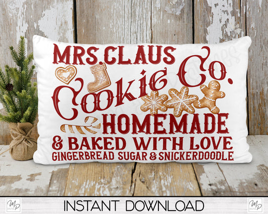 Christmas Lumbar Pillow Cover PNG Sublimation Design, Digital Download, Mrs. Claus Cookie Co