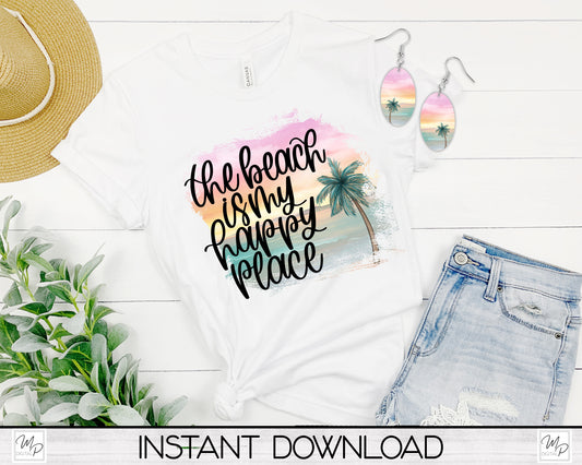 Beach PNG Sublimation T-Shirt and Oval Earring Design Bundle Digital Download