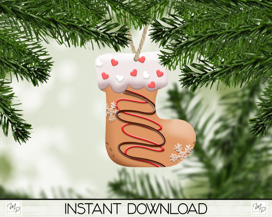 Gingerbread Stocking Christmas Tree Ornament PNG for Sublimation, Ornament Design, Digital Download