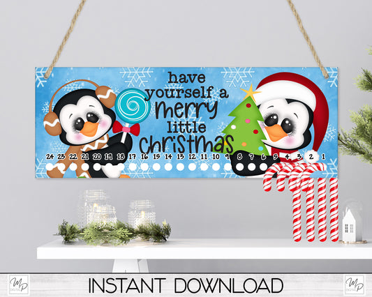 Penguin Candy Cane Countdown Sign PNG Sublimation Digital Download, Candy Cane Holder Advent Calendar
