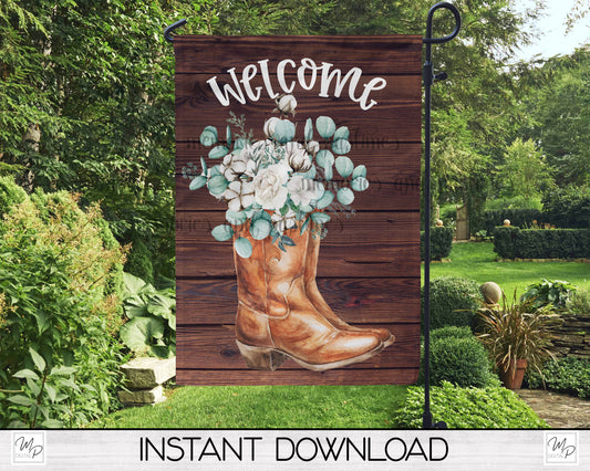 Western Garden Flag PNG for Sublimation Design, Digital Download, Cowboys Boots & Cotton