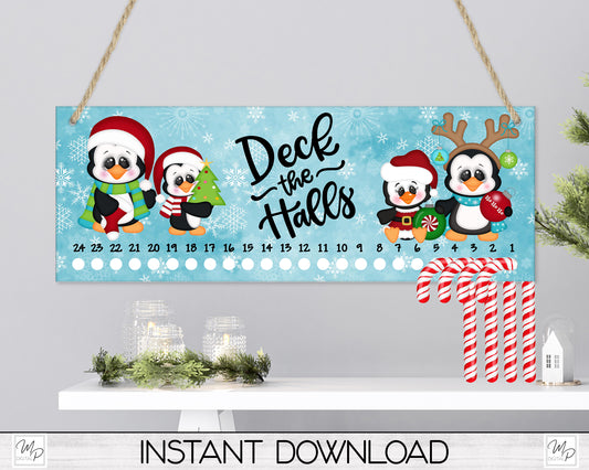 Penguin Christmas Candy Cane Countdown Sign PNG Sublimation Digital Download, Candy Cane Holder Advent Calendar