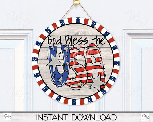 Patriotic Round Door Sign PNG Design for Sublimation, 4th of July, God Bless The USA