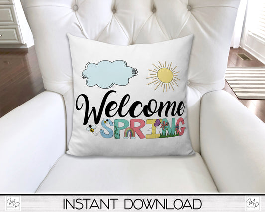 Welcome Spring Square Pillow Cover PNG Sublimation Design, Digital Download