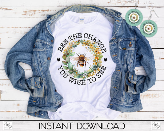 Bee PNG Sublimation T-Shirt and Circle Earring Design Bundle Digital Download