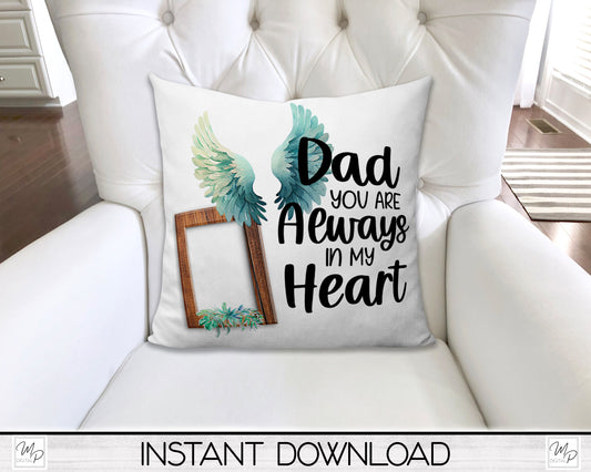 Angel Wings Dad Memorial Pillow Cover PNG Sublimation Design, Digital Download, Square Pillow Case PNG Design