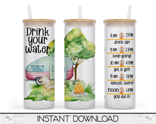 20oz / 25oz Glass Tumbler Water Tracker, Camping Wrap for Sublimation and Waterslides, PNG Digital Download
