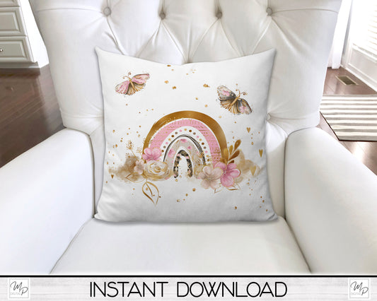 Rainbow and Butterflies Square Pillow Cover PNG Sublimation Design, Digital Download