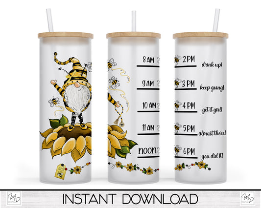 20oz / 25oz Glass Tumbler Water Tracker, Bee Sunflower Gnome Wrap for Sublimation and Waterslides, PNG Digital Download