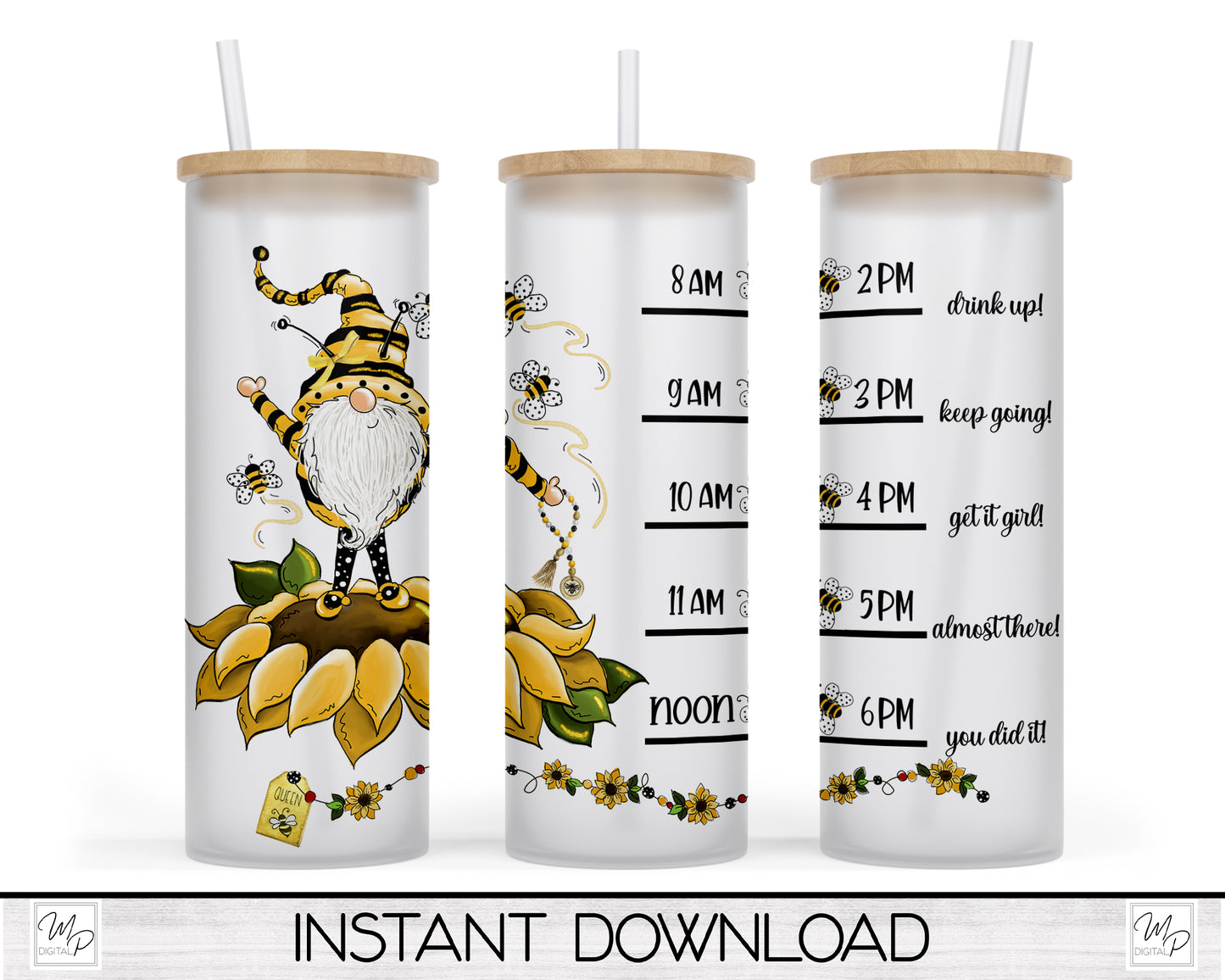 20oz / 25oz Glass Tumbler Water Tracker, Bee Sunflower Gnome Wrap for Sublimation and Waterslides, PNG Digital Download