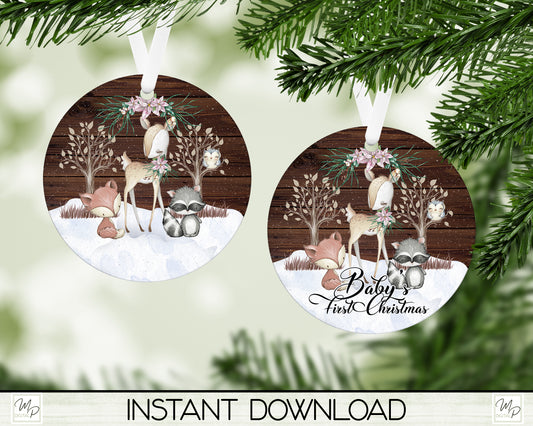 Woodland Animals Baby's First Christmas Ornament PNG for Sublimation, Digital Download Design