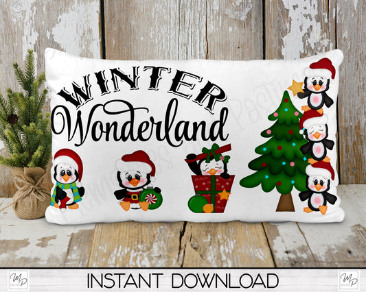 Christmas Penguins Lumbar Pillow Cover PNG Sublimation Design, Digital Download