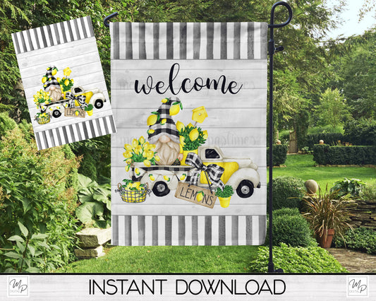 Lemon Gnome Farmhouse Truck Garden Flag PNG for Sublimation Design, Digital Download