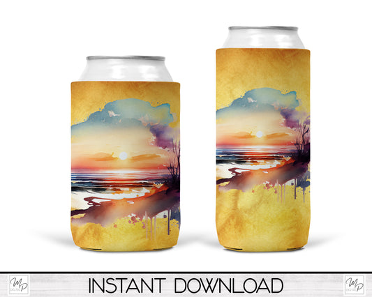 Beach Sunset Neoprene Can Cooler PNG Sublimation Design, Digital Download